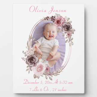 Cute Pink Gold Floral Watercolor Baby Girl Photo  Plaque