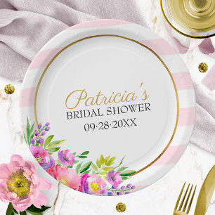 Cute Pink & Gold Floral Watercolor Bridal Shower Paper Plate