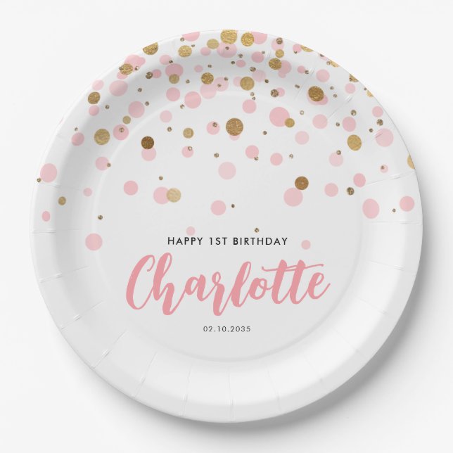 Cute Pink Gold Glitter Confetti Dots Kids Birthday Paper Plate (Front)