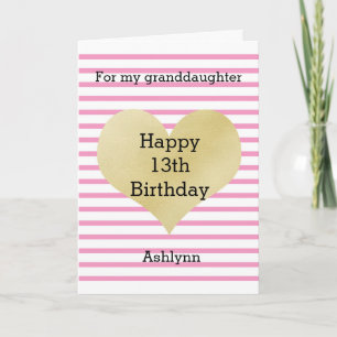 Cute Pink Gold Heart 13th Birthday Granddaughter Card