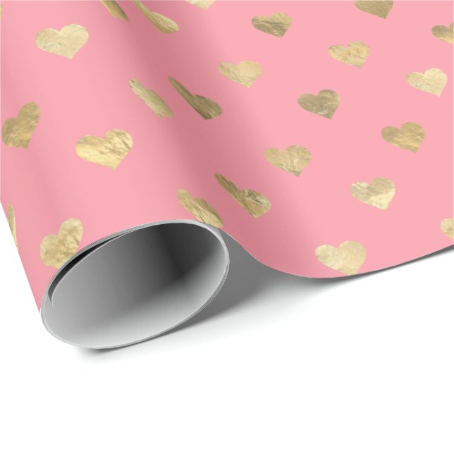 Cute Pink Gold Hearts Pattern  Wrapping Paper (Roll Corner)
