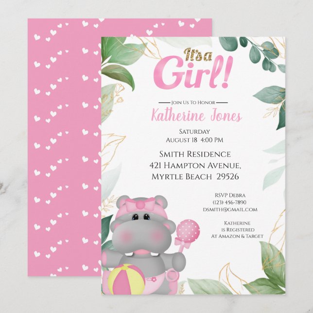 Cute Pink Gold Hippo Baby Shower  Invitation (Front/Back)