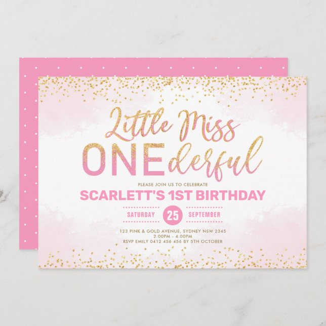Cute Pink Gold Little Miss Onederful 1st Birthday Invitation (Front/Back)
