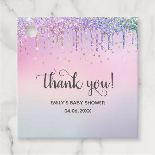 Cute Pink & Gold Rainbow Glitter Drips Baby Shower Favour Tags