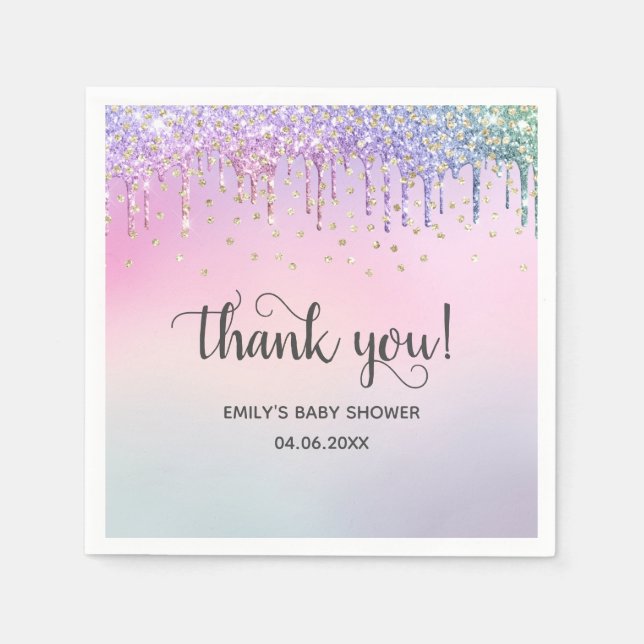 Cute Pink & Gold Rainbow Glitter Drips Baby Shower Napkin (Front)
