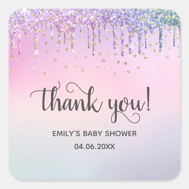 Cute Pink & Gold Rainbow Glitter Drips Baby Shower Square Sticker (Front)