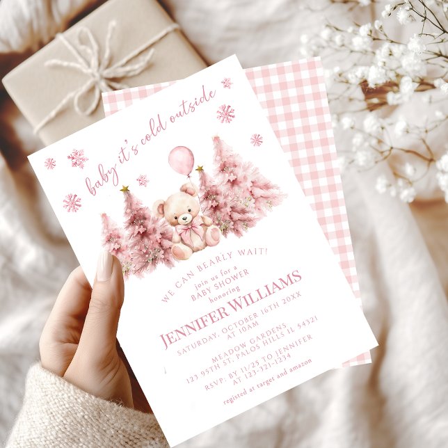 Cute Pink Gold Winter Teddy Bear Baby Girl Shower Invitation (Creator Uploaded)