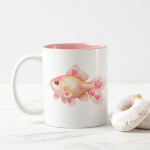 Cute Pink Goldfish with Hearts Kawaii Two-Tone Coffee Mug