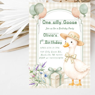 Cute Pink Goose First Birthday Party Invitation