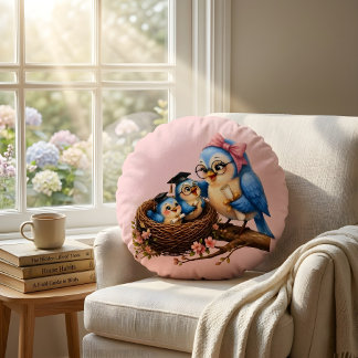 Cute Pink Graduation Bird Round Pillow