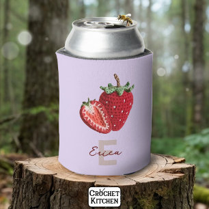 Cute Pink Granny Chic Crochet Strawberry Monogram Can Cooler