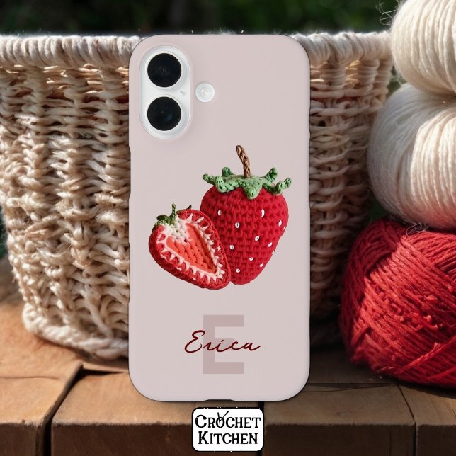 Cute Pink Granny Chic Crochet Strawberry Monogram Case-Mate iPhone Case (Creator Uploaded)