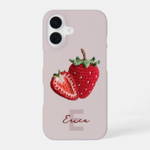 Cute Pink Granny Chic Crochet Strawberry Monogram iPhone 16 Case