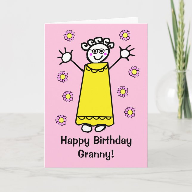 Cute Pink Granny Waving Funny Cartoon Birthday Card (Front)