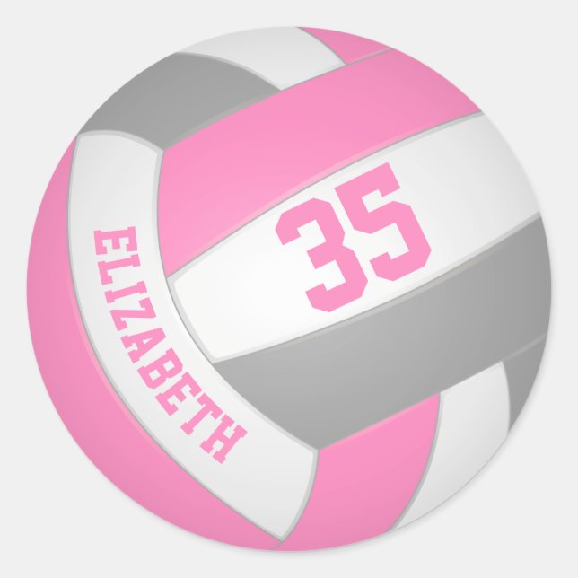 cute pink gray personalized volleyball classic round sticker (Front)