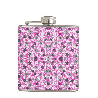 Cute pink gray white abstract flowers hip flask
