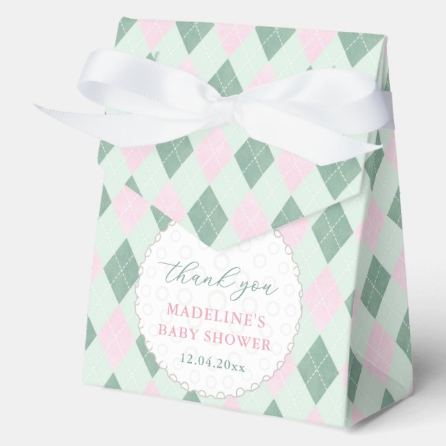 Cute Pink Green Argyle Print Golf Baby Shower Favour Box (Front)