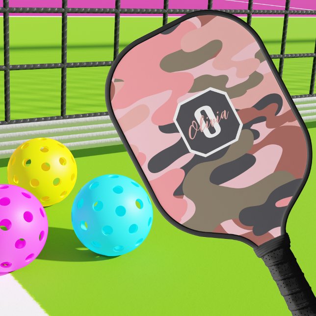 Cute Pink Green Camo, Minimalist Personalised Pickleball Paddle (Creator Uploaded)