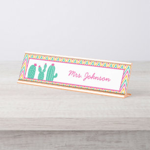 Cute Pink Green Chevron Pattern Cactus Teacher Desk Name Plate