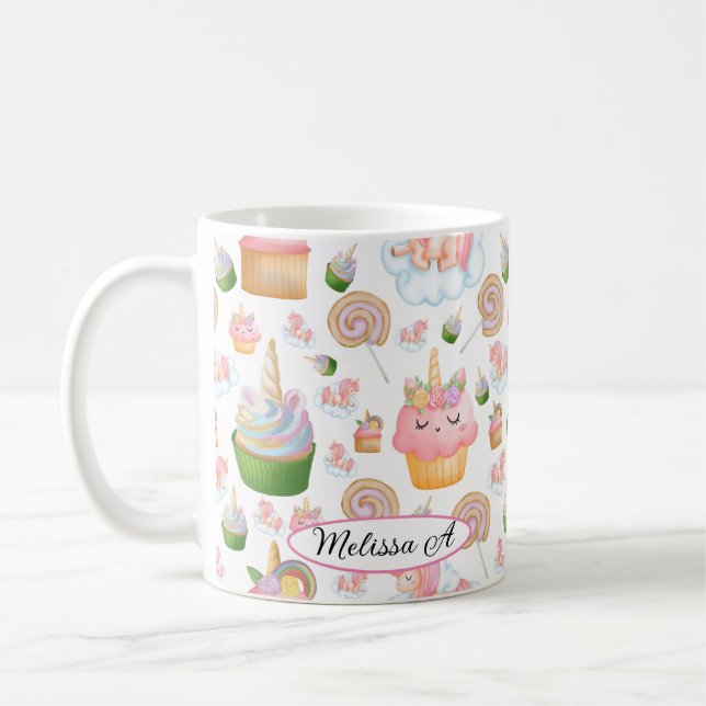 Cute Pink Green Cupcake Pattern Coffee Mug (Left)