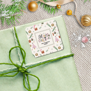 Cute Pink Green Doddle Merry Christmas Square Sticker