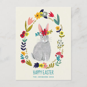 Cute pink & green easter rabbit bunny floral card