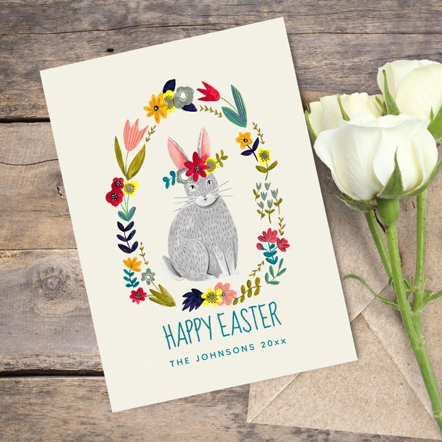 Cute pink & green easter rabbit bunny floral card (Creator Uploaded)