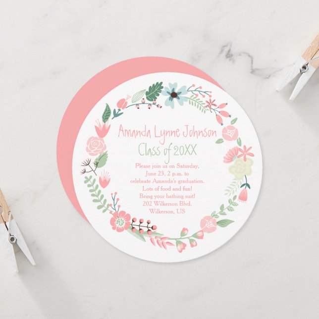 Cute Pink Green Flowers Wreath Graduation Invite (Front/Back In Situ)