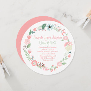 Cute Pink Green Flowers Wreath Graduation Invite