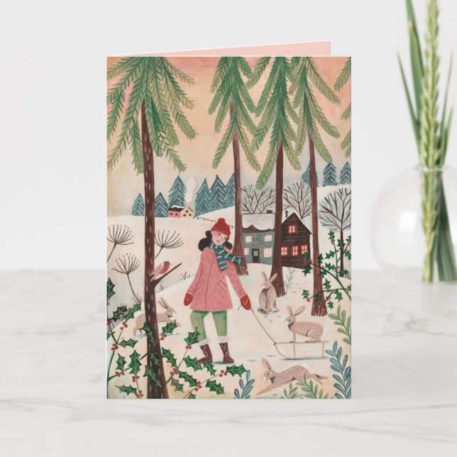 Cute pink & green girl and rabbits snow landscape holiday card (Front)