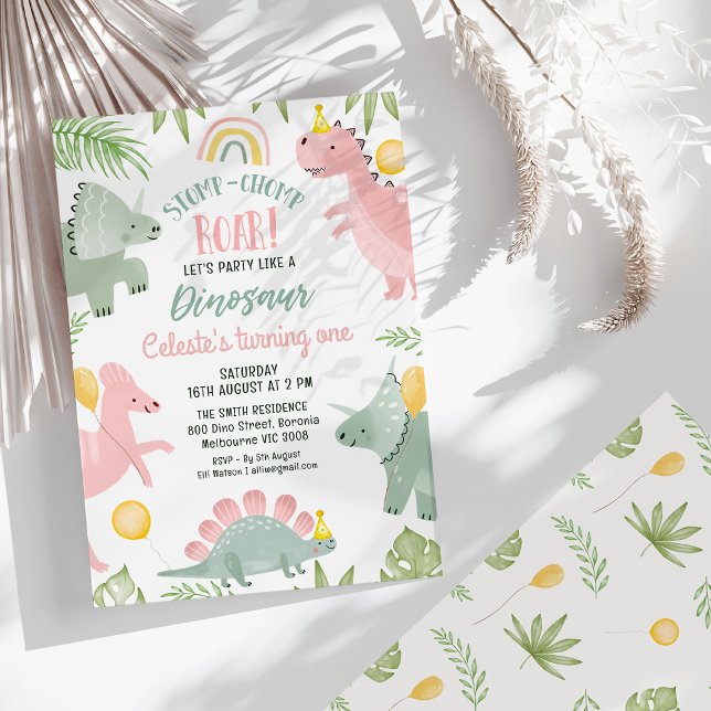 Cute Pink Green Girls Dinosaur 1st Birthday  Invitation (Pink Party Like Dinosaur 1st Birthday Invitation Girl, Stomp Chomp Roar Dino Birthday Invitation)