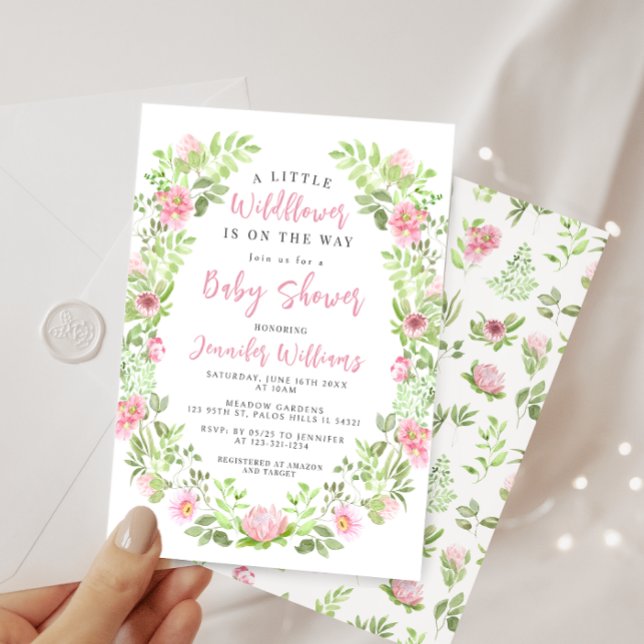 Cute pink green little wildflower baby girl shower invitation (Creator Uploaded)