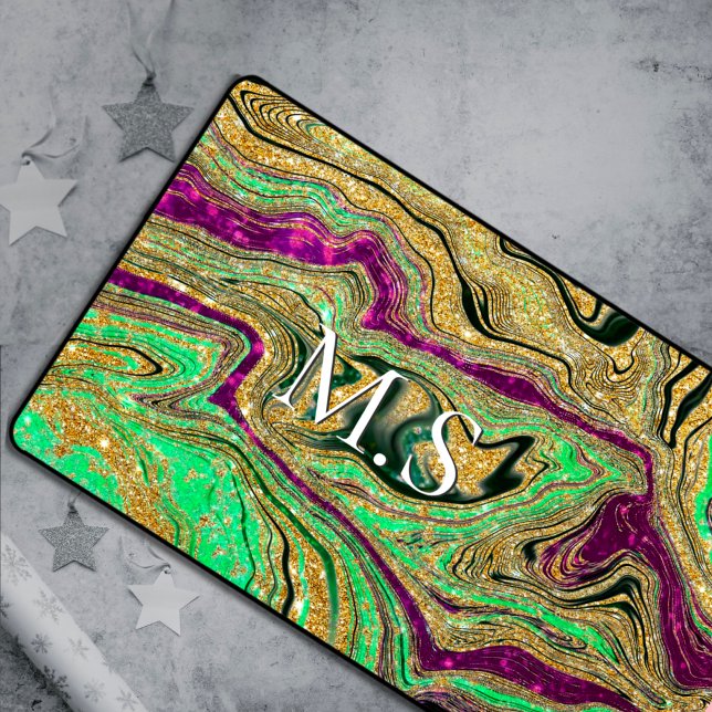 Cute pink green marble art faux Glitter monogram Desk Mat (Creator Uploaded)