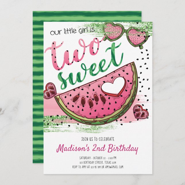 Cute Pink Green One In A Melon 2nd Birthday Invitation (Front/Back)