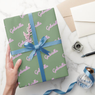 Cute Pink Green Personalised Script Name   Wrapping Paper