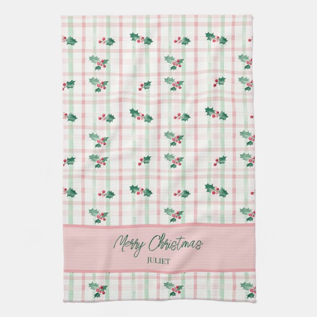 Cute Pink Green Retro Christmas Tea Towel (Vertical)
