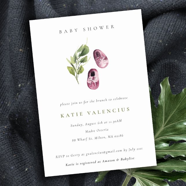 Cute Pink Green Shoes Foliage Girl Baby Shower Invitation (Creator Uploaded)
