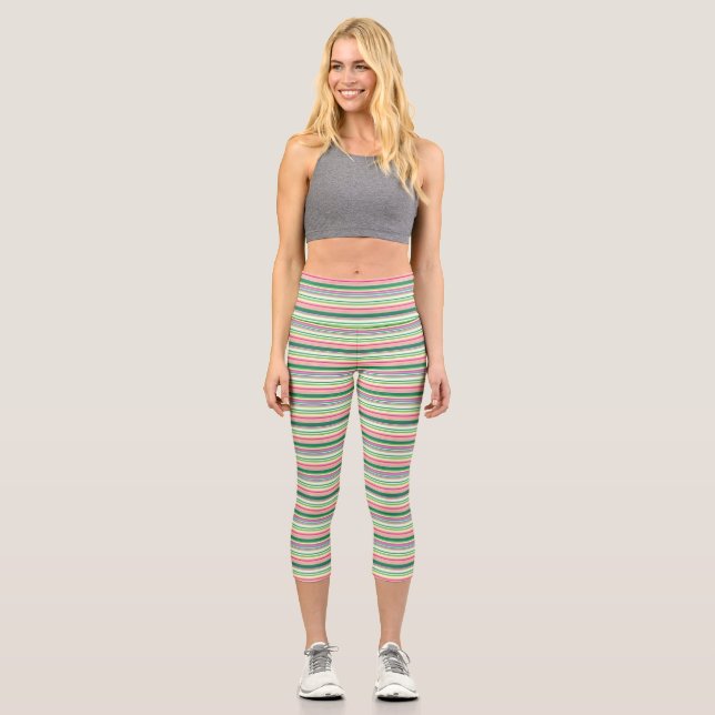 Cute pink green stripes capri leggings (Front)