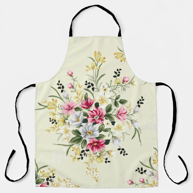 cute pink grey and yellow flowers with green leave apron (Front)