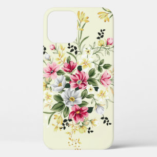 cute pink grey and yellow flowers with green leave iPhone 12 case