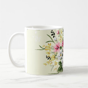 cute pink grey and yellow flowers with green leave coffee mug