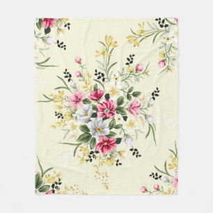 cute pink grey and yellow flowers with green leave fleece blanket