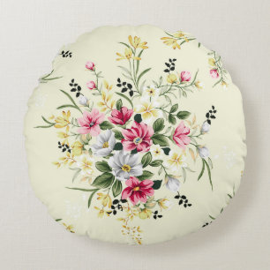cute pink grey and yellow flowers with green leave round cushion