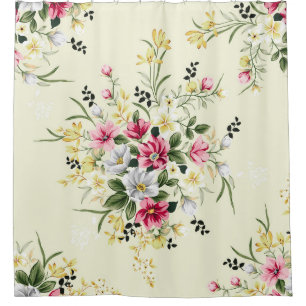 cute pink grey and yellow flowers with green leave shower curtain