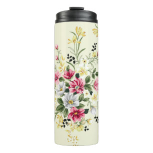 cute pink grey and yellow flowers with green leave thermal tumbler
