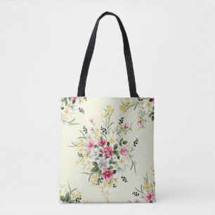 cute pink grey and yellow flowers with green leave tote bag