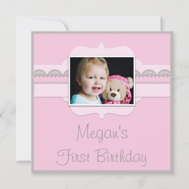 Cute Pink & Grey Baby 1st Birthday Add Your Photo Invitation (Front)