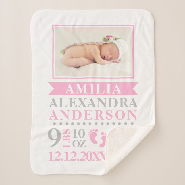 Cute Pink Grey Baby Girl Birth Stats PHOTO Soft Sherpa Blanket (Front)