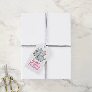 Cute Pink & Grey Blue Eyed Cartoon Elephant Gift T Tags