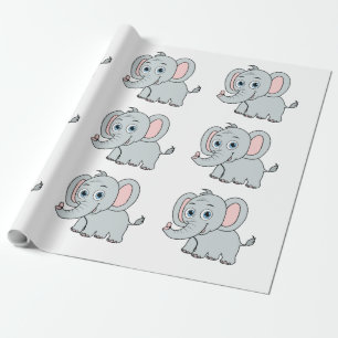 Cute Pink & Grey Blue Eyed Cartoon Elephant Wrapping Paper